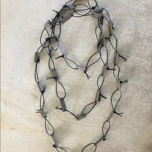 Unique black leather cord adjustable necklace XL with gray leather strips.